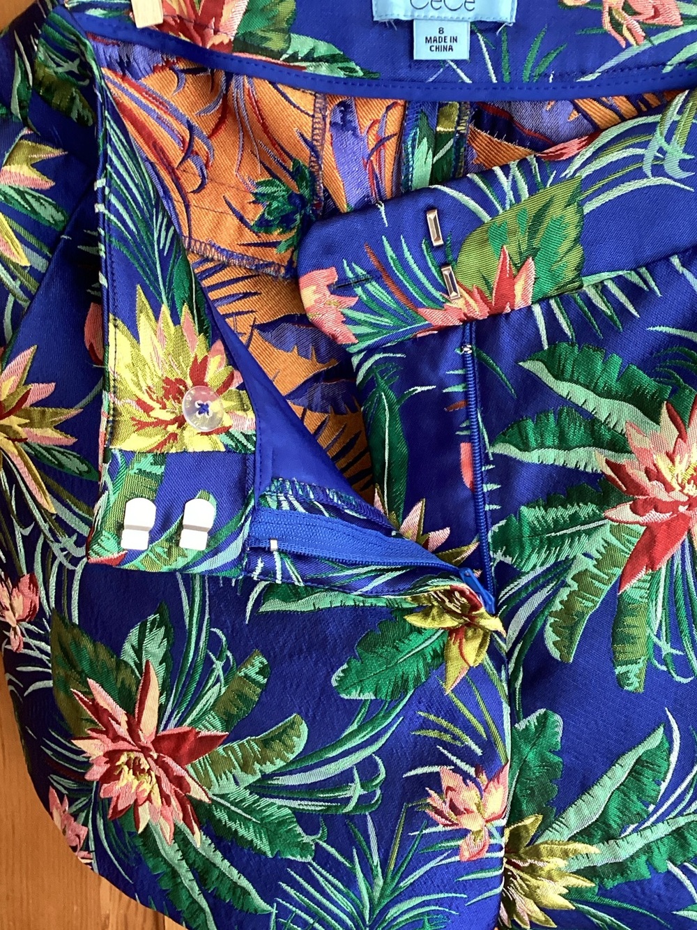 CeCe Royal Blue Floral Print Skirt with Orange Accents - Picture 3 of 8